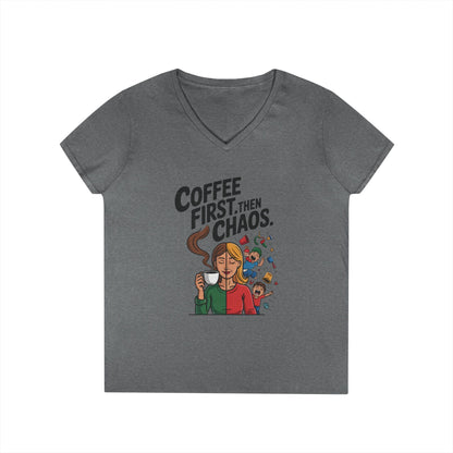 Coffee First Then Chaos V-Neck T-Shirt, Funny Mom Life Shirt, Mother's Day Gift, Mom Humor Tee, mom graphic tee, caffeine lover tee