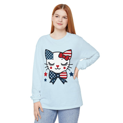 Patriotic Cat Long Sleeve T-Shirt, Women's Tee, Perfect for Fourth of July, Animal Lover Gift, Cozy Casual Wear, Holiday Apparel