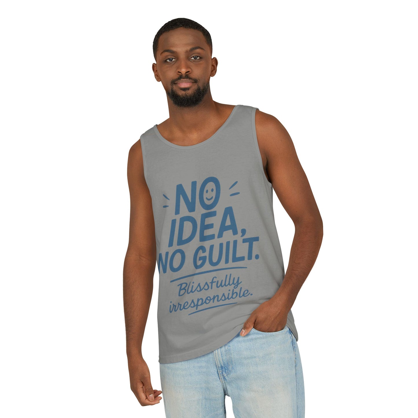 Mens Funny Tank Top, No Idea No Guilt Quote, Blissfully Irresponsible Gym Shirt, Casual Sleeveless Top, , Fun Party Shirt
