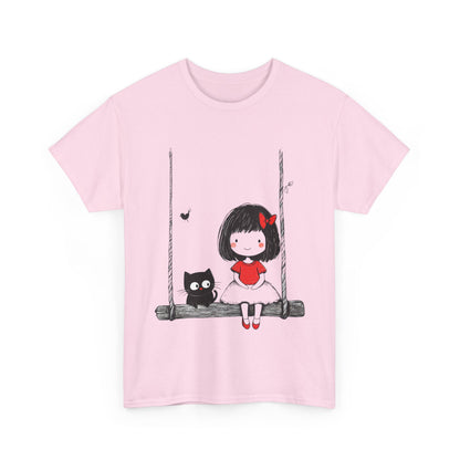Cute Cat & Girl Graphic Tee, Playful Gift for Cat Lovers, Cat and Girl Design, Gift for Cat Owners, Women's Cotton T-Shirt