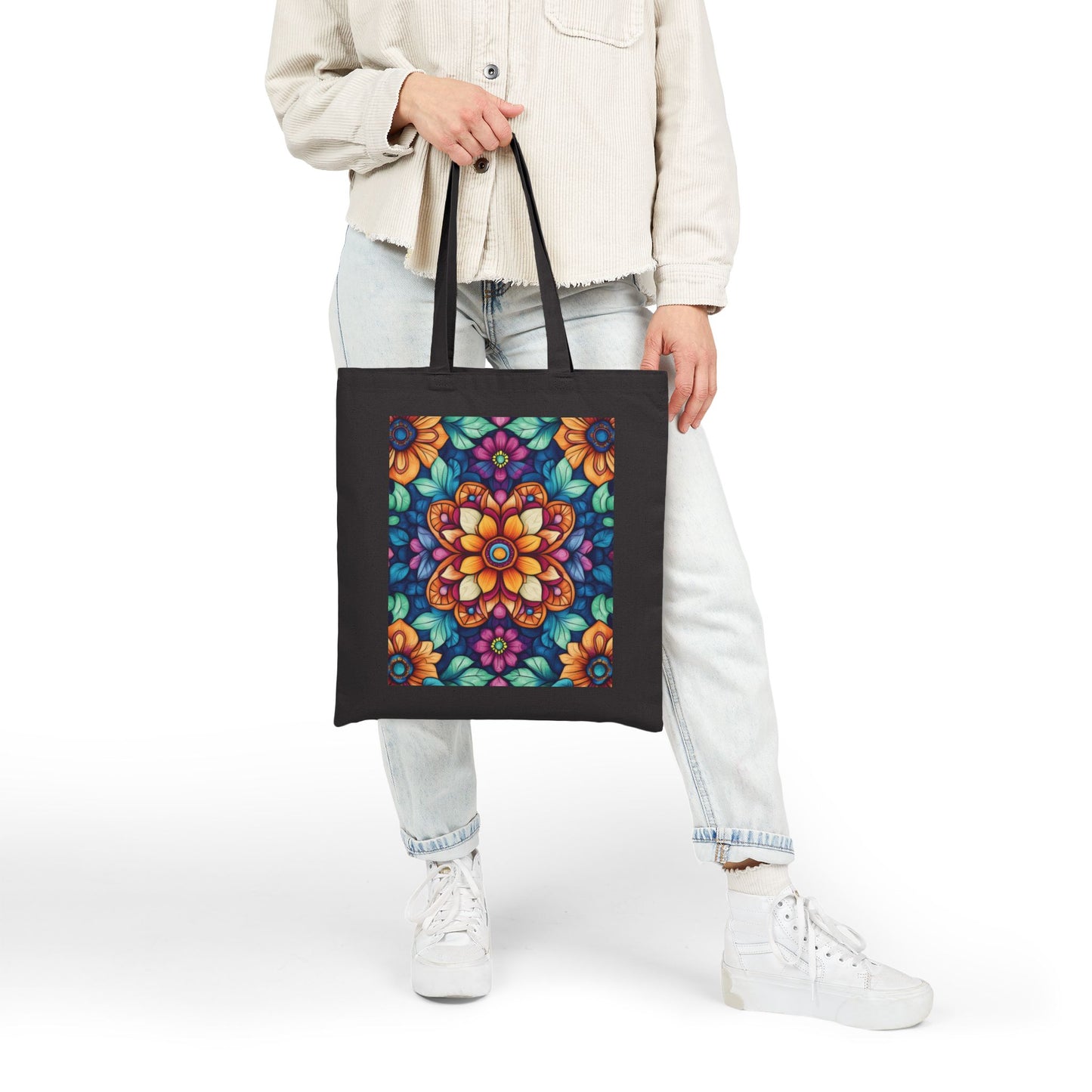 Vibrant Floral Cotton Canvas Tote Bag, Eco-Friendly Grocery Bag, Shopping Tote, Art Tote, Gift for Women