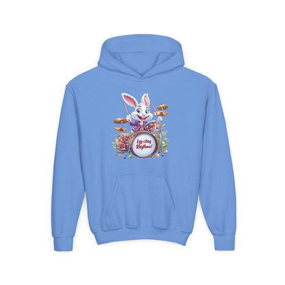 Kids Easter Bunny Drummer Hoodie - Fun Spring Sweatshirt for Children, Cute Bunny Playing Drums, Unique Easter Gift Idea