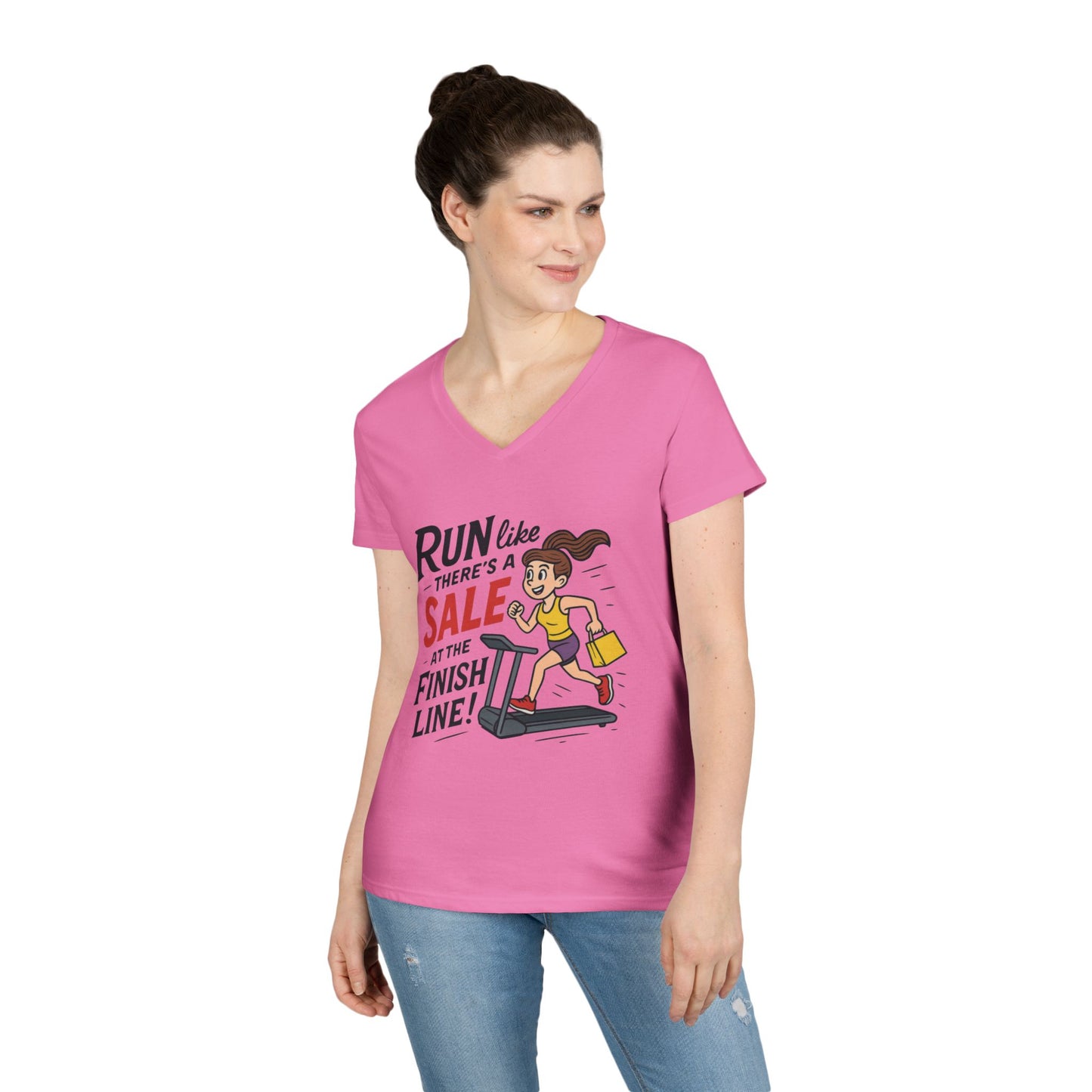 Ladies' V-Neck T-Shirt, Motivational Fitness Tee, Funny Gym Top, Funny Shopping Tee, Treadmill Runner Shirt for Her, For Sale Tee