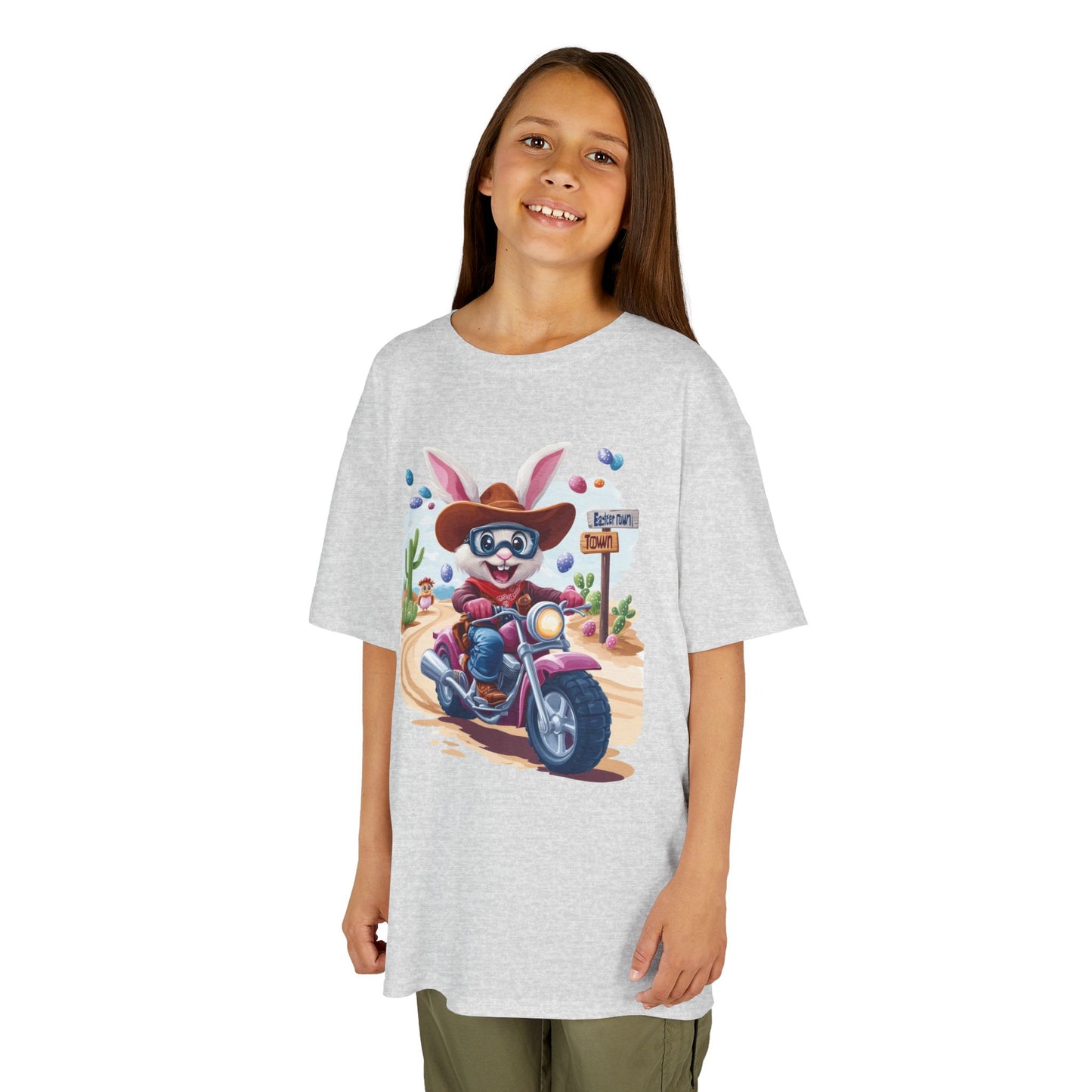 Biker Bunny Kids Tee - Fun Easter Shirt for Boys & Girls, Cute Spring Outfit with Motorcycle Rabbit Heavy Cotton Toddler T-Shirt Bunny Rider