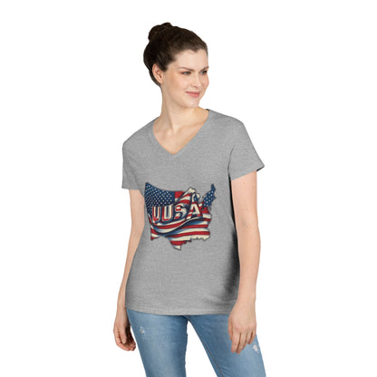 Patriotic Ladies' V-Neck T-Shirt, USA Flag Top, Independence Day Apparel, Women's Casual Wear, Summer T-Shirt, 4th of July Gift