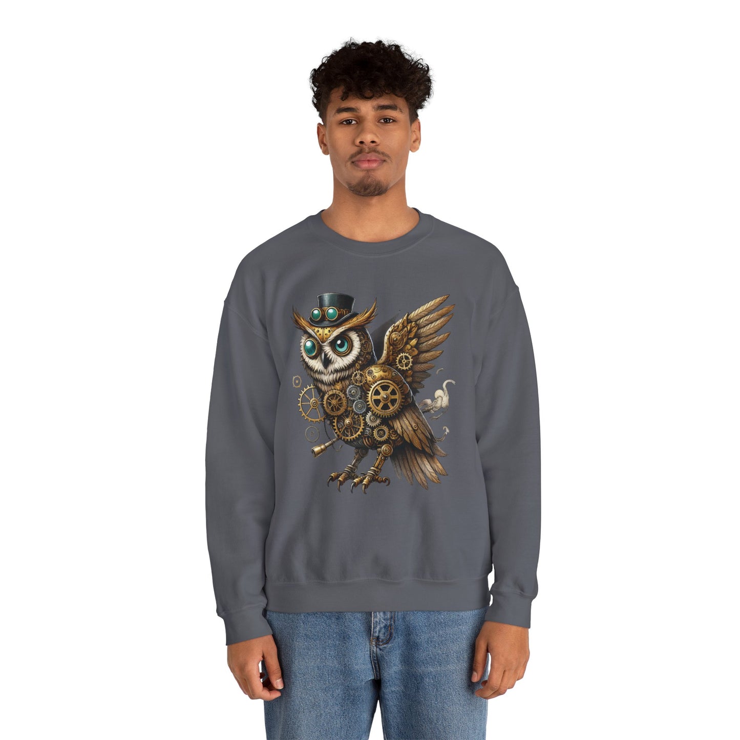 Steampunk Owl Unisex Crewneck Sweatshirt, Vintage Mechanical Gears Fantasy Bird Graphic Pullover, Gift for Owl Lovers