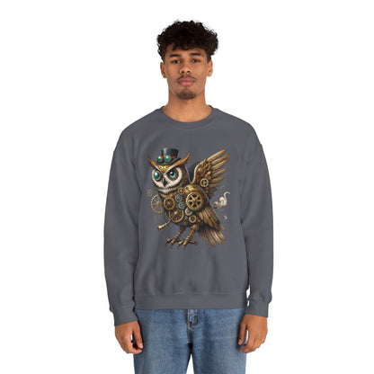 Steampunk Owl Unisex Crewneck Sweatshirt, Vintage Mechanical Gears Fantasy Bird Graphic Pullover, Gift for Owl Lovers