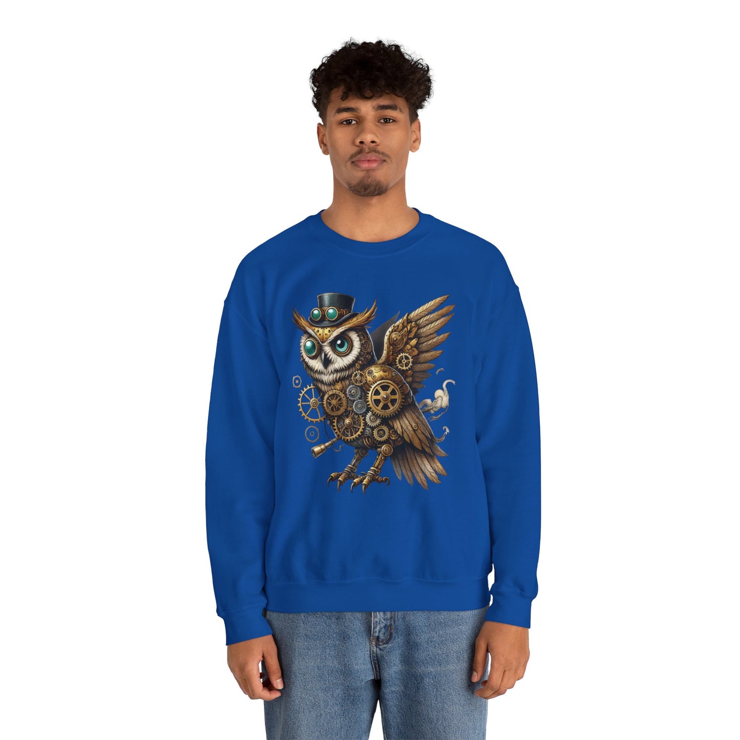 Steampunk Owl Unisex Crewneck Sweatshirt, Vintage Mechanical Gears Fantasy Bird Graphic Pullover, Gift for Owl Lovers