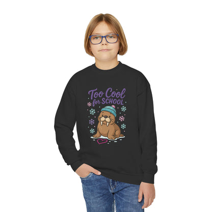 Youth Crewneck Sweatshirt, Kids Too Cool for School Walrus Sweatshirt, Funny Animal Pullover, Cute Winter Top