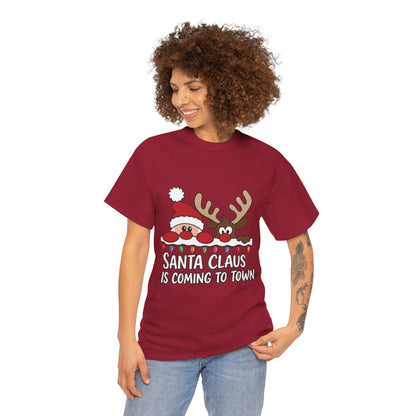 Santa Claus Is Coming to Town Women's Christmas T-Shirt, Cute Santa - Reindeer Holiday Tee