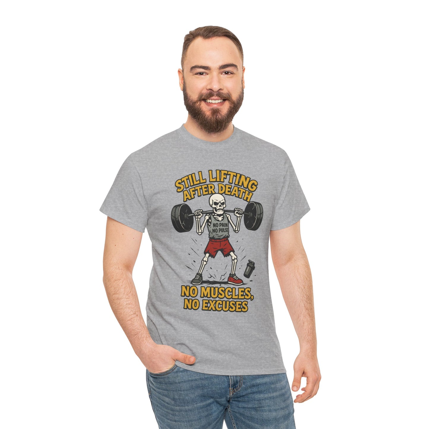 Funny Skeleton Gym T-Shirt, Still Lifting After Death, Funny Workout Shirt for Men, Fitness Gift, Halloween Apparel, Unisex Cotton Tee
