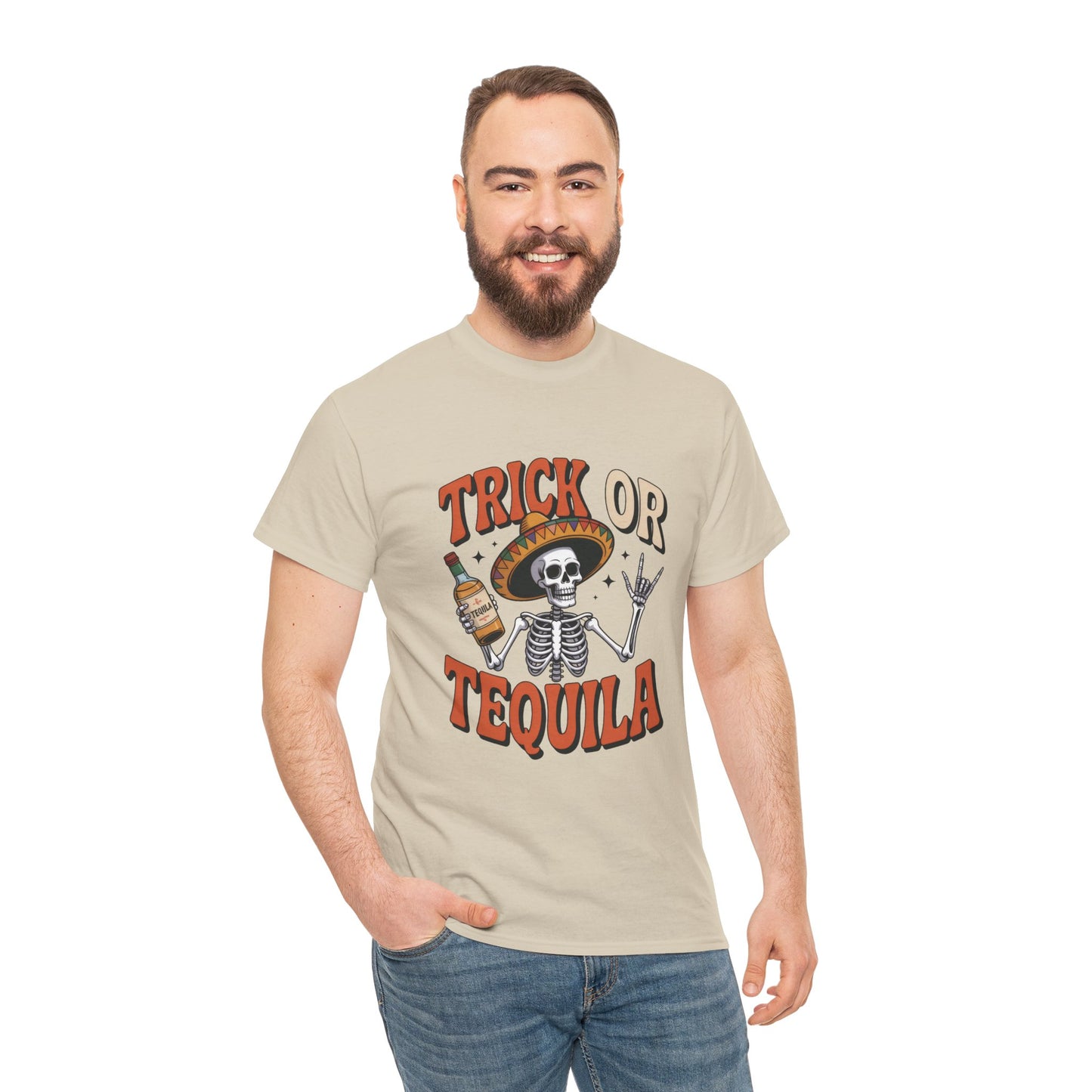Trick or Tequila Skeleton Men's T-Shirt , Funny Halloween Drinking Party Tee for Men