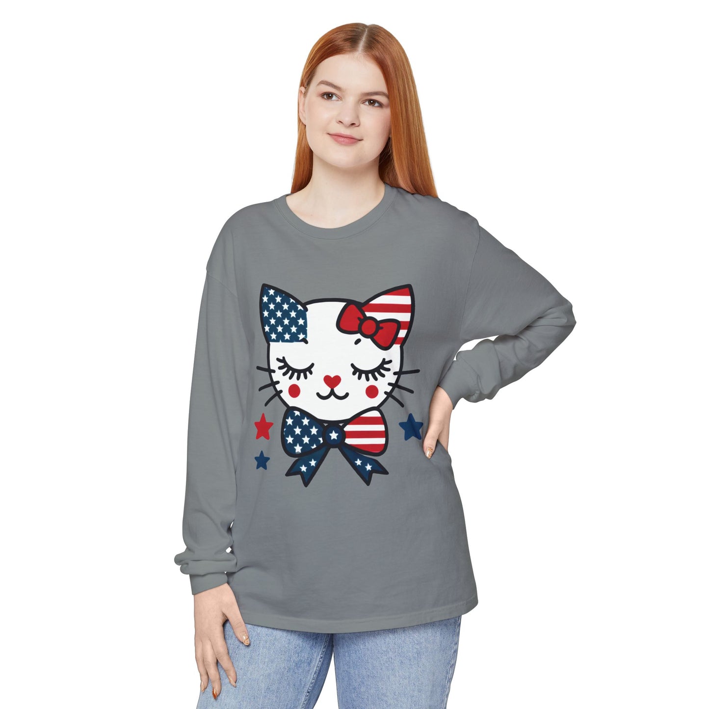 Patriotic Cat Long Sleeve T-Shirt, Women's Tee, Perfect for Fourth of July, Animal Lover Gift, Cozy Casual Wear, Holiday Apparel
