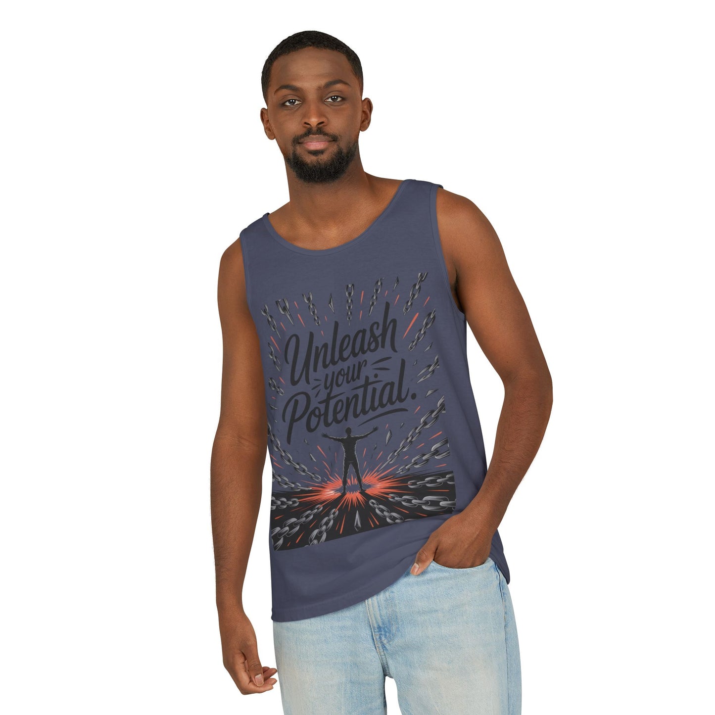 Men's Motivational Tank Top, "Unleash Your Potential" Graphic, Inspirational Gym Wear, Fitness Apparel, Summer Top, Gift for Him