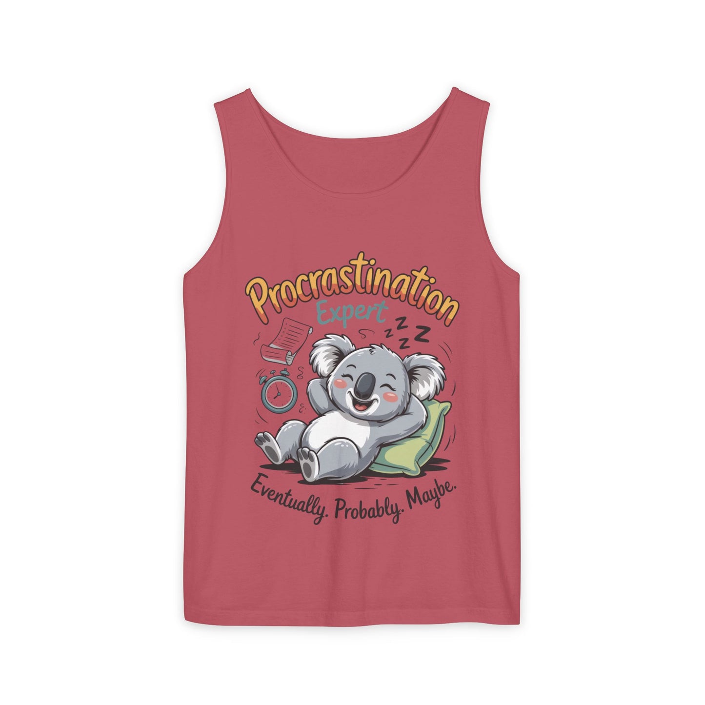 Procrastination Expert Womens Tank Top, Funny Gift for Lazy Days, Relaxed Fit Tee, Casual Summer Wear, Koala Graphic Top, Motivational Apparel