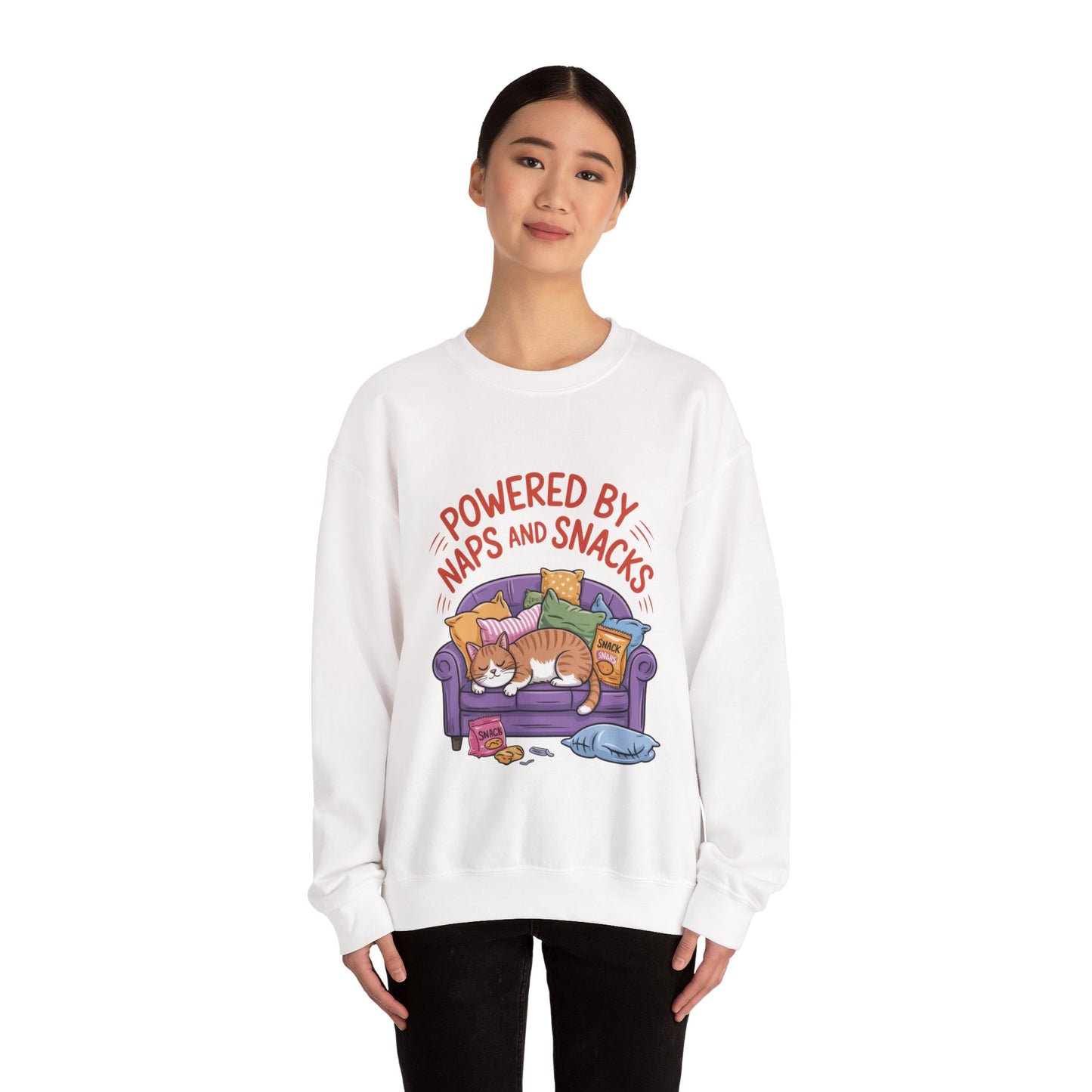 Powered by Naps and Snacks Sweatshirt, Cozy Lounge Crewneck, Gifts for Cat Lovers, Funny Cat Sweatshirt, Casual Everyday Wear