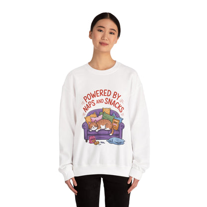 Powered by Naps and Snacks Sweatshirt, Cozy Lounge Crewneck, Gifts for Cat Lovers, Funny Cat Sweatshirt, Casual Everyday Wear