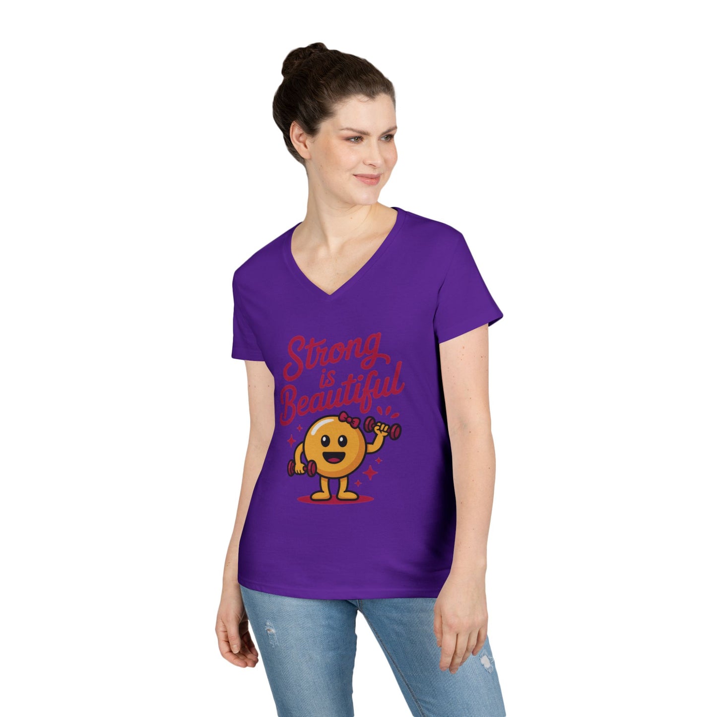 Ladies' V-Neck T-Shirt, Strong is Beautiful Womens Tee, Cute Fitness Character Tee, Inspirational Workout Shirt, Gym Motivation Gift for Her