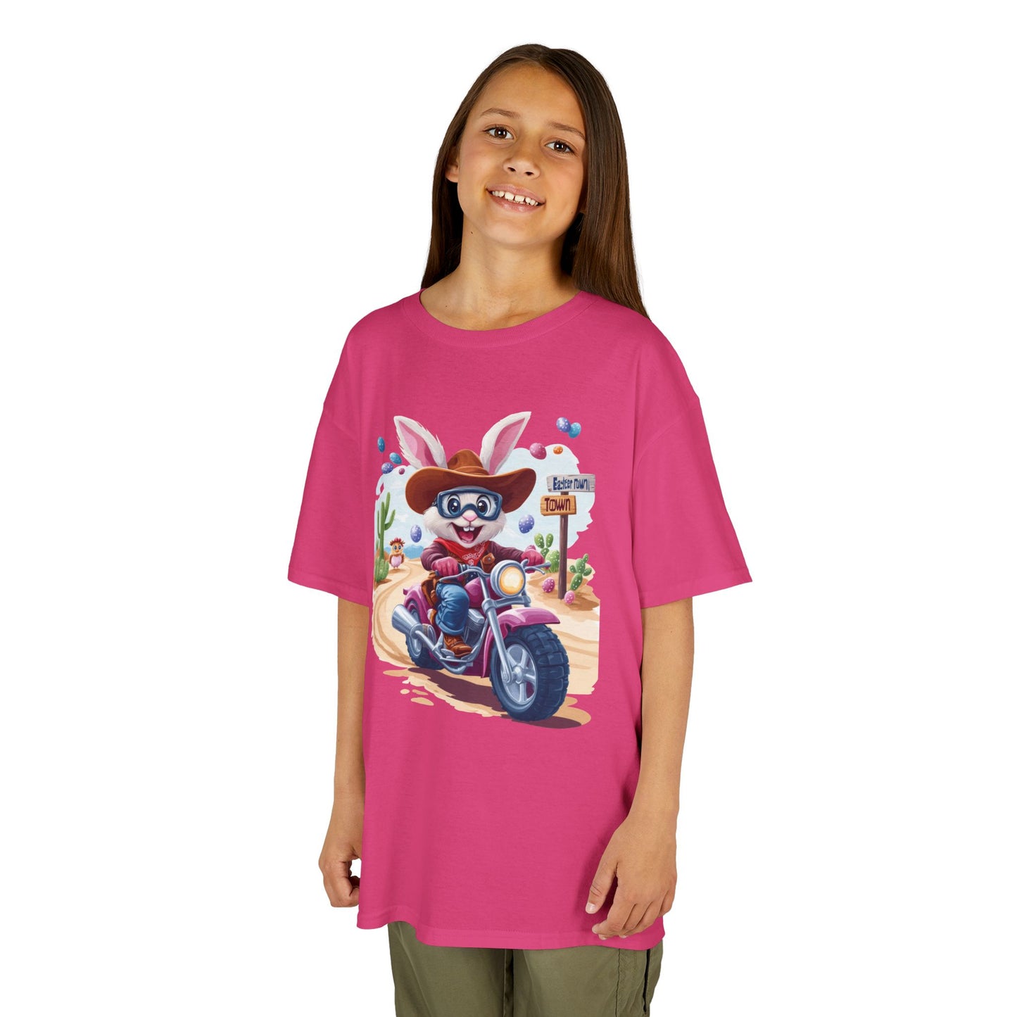 Biker Bunny Kids Tee - Fun Easter Shirt for Boys & Girls, Cute Spring Outfit with Motorcycle Rabbit Heavy Cotton Toddler T-Shirt Bunny Rider