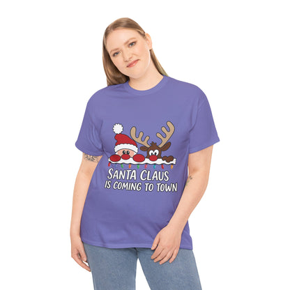 Santa Claus Is Coming to Town Women's Christmas T-Shirt, Cute Santa - Reindeer Holiday Tee