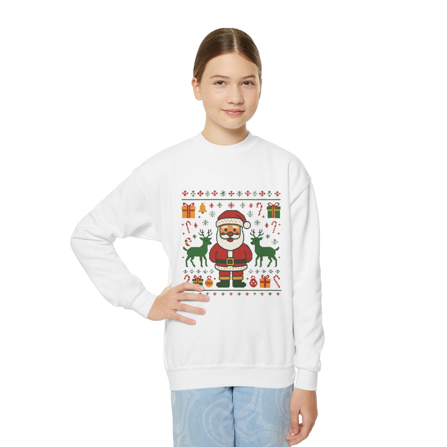 Kids Santa Christmas Shirt, Cute Knit Pattern Holiday  Sweatshirt, Youth Crewneck Sweatshirt