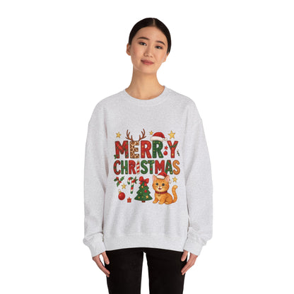 Women's Merry Christmas Cat Sweatshirt, Cozy Holiday Cat Lover Pullover, Women's Heavy Blend™ Crewneck Sweatshirt