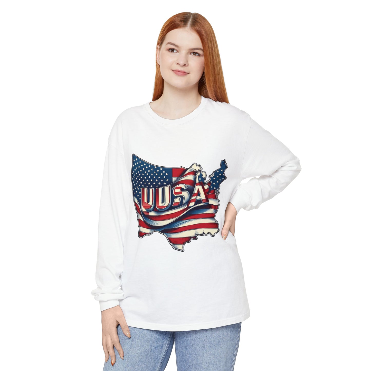 USA Flag Long Sleeve Tee, Unisex Garment-Dyed Shirt, Patriotic Top, All-American Apparel, Independence Day Style, Comfortable Casual Wear