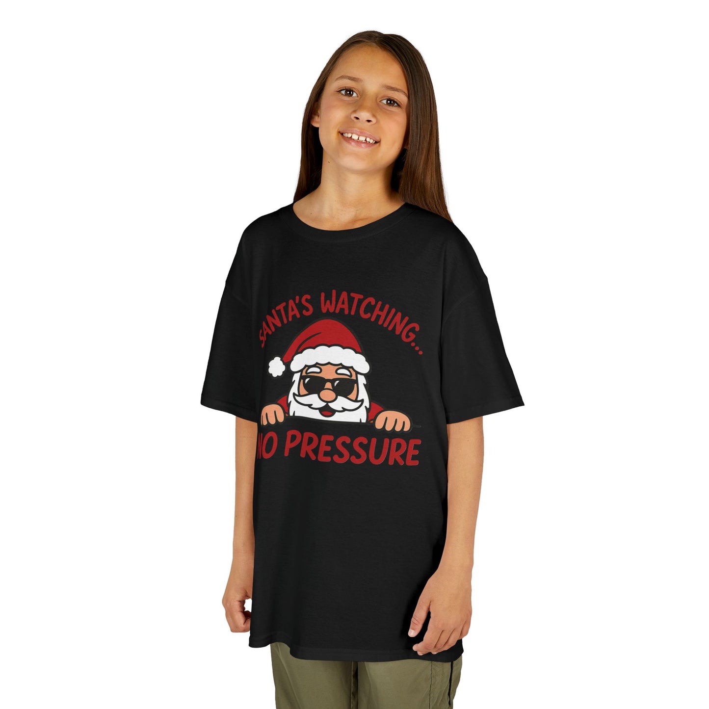 Santa's Watching No Pressure Kids Christmas T-Shirt, Funny Holiday Tee for Youth