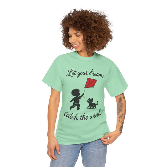 Cute Kid and Cat Design T-Shirt, Playful Gift for Cat Lovers, Summer Style, Cat Lover T-Shirt, Gift for Cat Owners, Women's Cotton T-Shirt