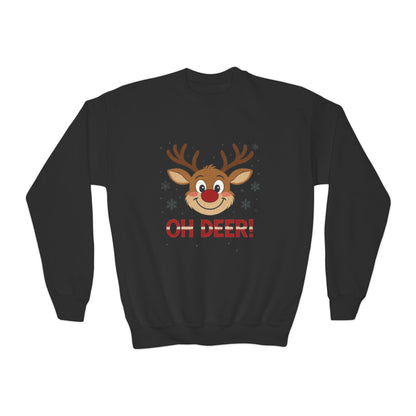 Girls Oh Deer Christmas Sweatshirt, Cute Reindeer Holiday Pullover, Youth Crewneck Sweatshirt