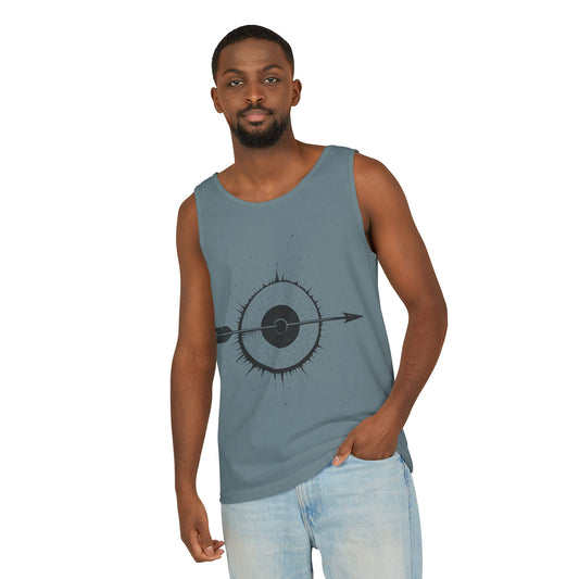 Mens Garment-Dyed Tank Top with Target Arrow Design, Casual Wear, Summer Essentials, Gym Wear, Gifts for Archery Lovers
