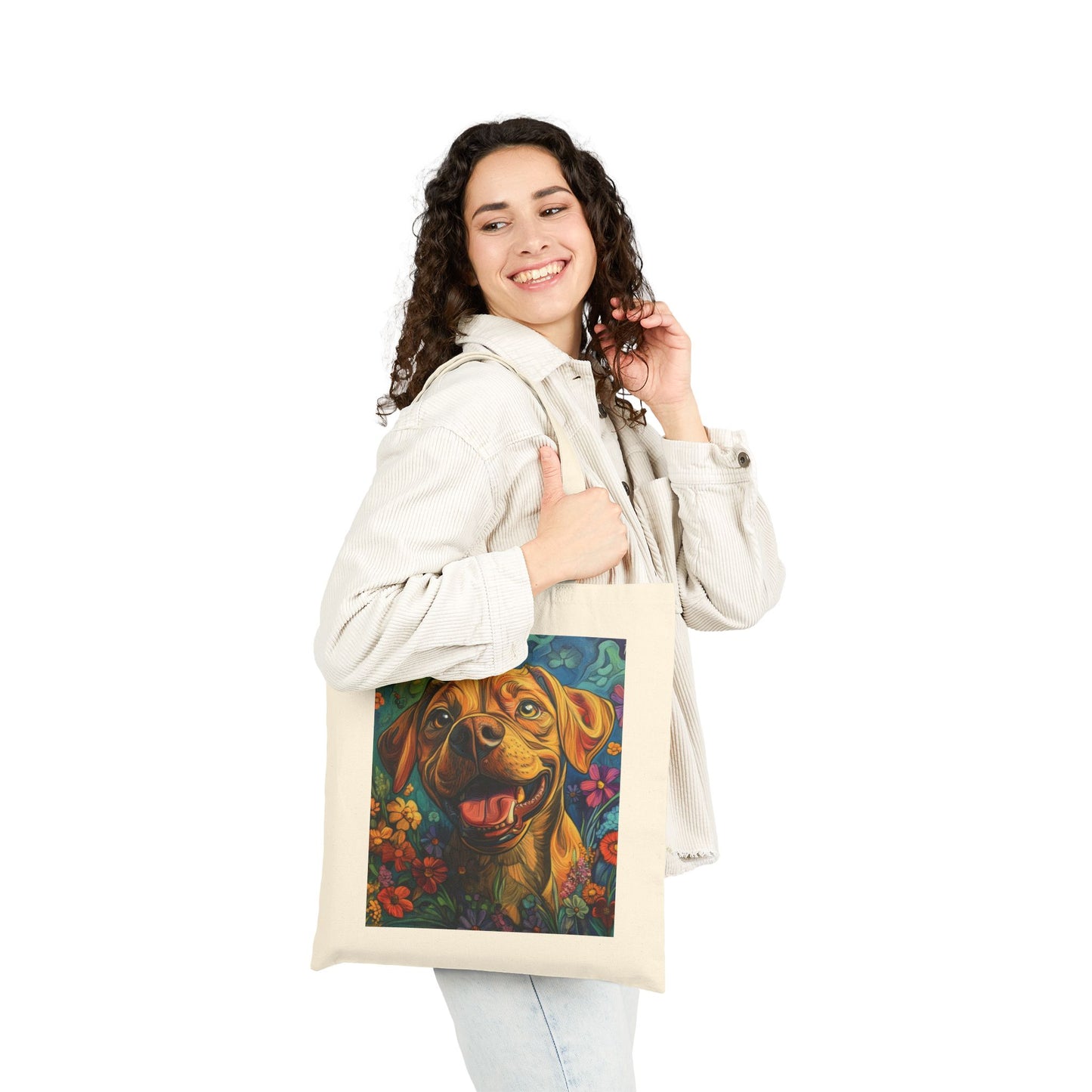 Colorful Dog Art Cotton Canvas Tote Bag, Eco-Friendly Shopping Bag, Pet Lover Gift, Flower Design, Reusable Grocery Tote, Animal Lover