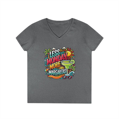 Less Monday More Margaritas Ladies' V-Neck T-Shirt, Funny Summer Cocktail Shirt, Tropical Vacation Tee for Women, Party Tee, Weekend Vibes