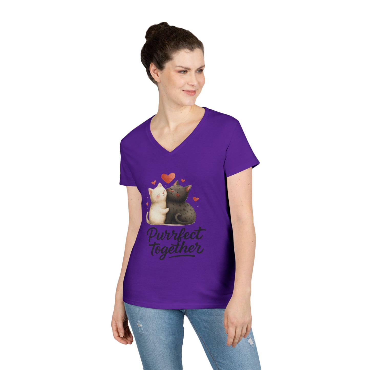 Cute Cat Love V-Neck T-Shirt, Animal Lover Gift, Valentine's Day Shirt, Cat Mom Gift, Cute Graphic Tee