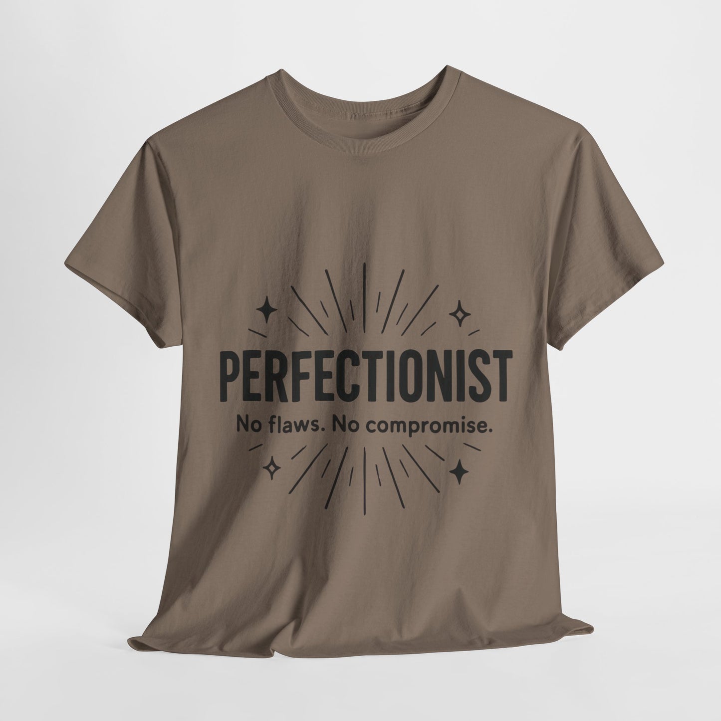 Mens Perfectionist T-Shirt, No Flaws No Compromise, Minimal Bold Graphic Tee, Gift for OCD, Clean Freak, or Detail-Oriented Men