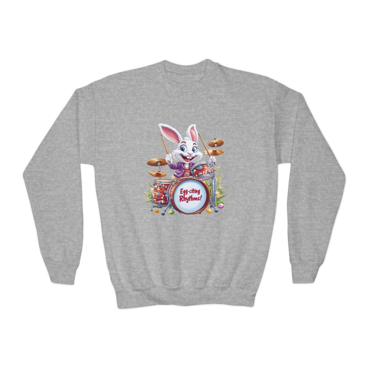 Easter Bunny Drummer Kids Sweatshirt - Cute Spring Crewneck for Children, Fun Easter Gift Colorful Bunny Playing Drums Design