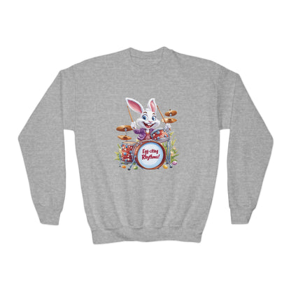 Easter Bunny Drummer Kids Sweatshirt - Cute Spring Crewneck for Children, Fun Easter Gift Colorful Bunny Playing Drums Design