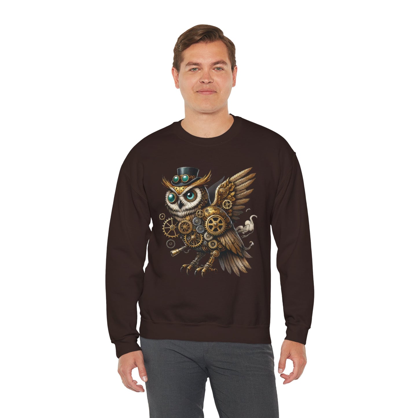 Steampunk Owl Unisex Crewneck Sweatshirt, Vintage Mechanical Gears Fantasy Bird Graphic Pullover, Gift for Owl Lovers