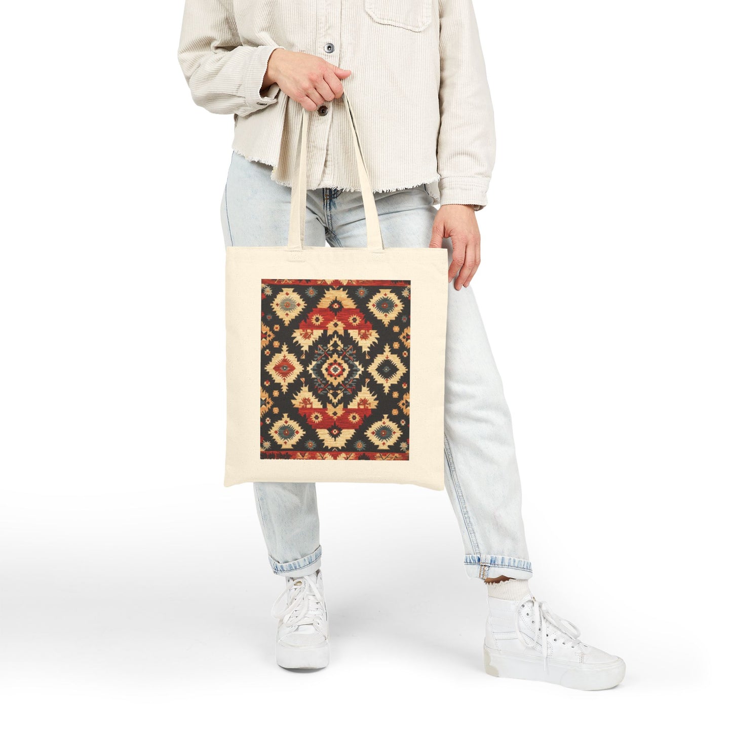 Bohemian Cotton Canvas Tote Bag, Reusable Shopping Bag, Gift for Her, Beach Bag, Travel Companion, Traditional Turkish Carpet Pattern