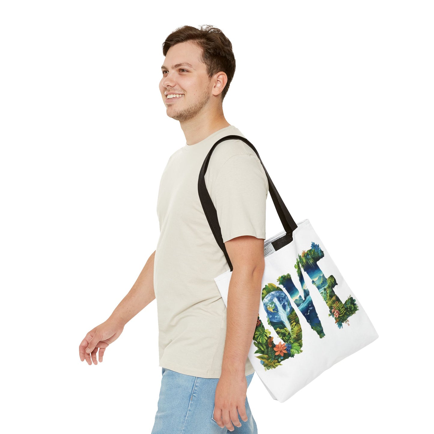 Earth Day LOVE Tote Bag, Eco Friendly Nature Art Bag, Sustainable Planet Message, Floral Tote, Shopping Bag, Beach Bag, Large Canvas Bag