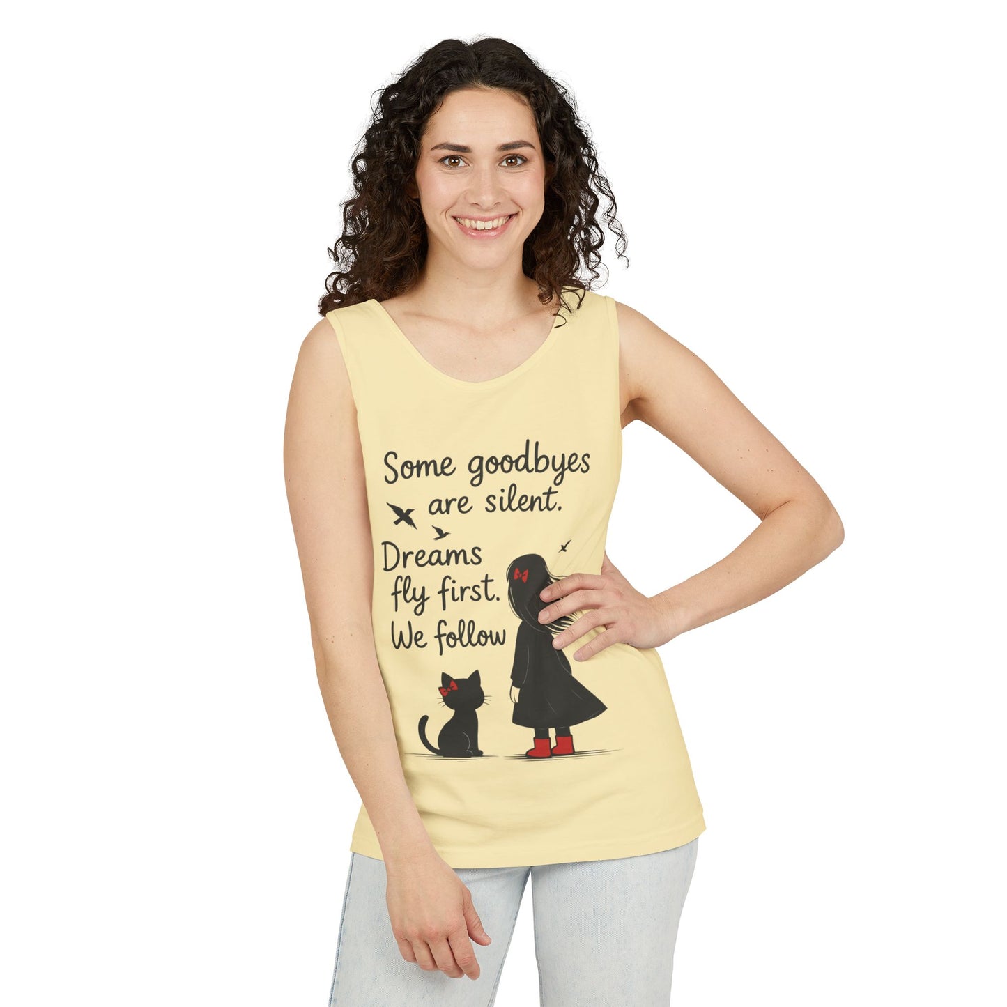 Minimalist Tank Top, Womens Tank, Girl & Cat Art Print, Emotional Lightweight Summer Shirt,  Inspirational Apparel, Cat Lover Gift