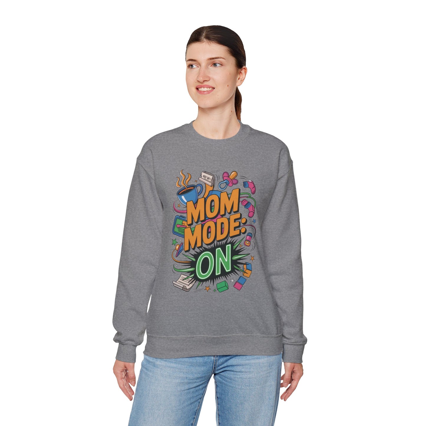 Mom Mode On Crewneck Sweatshirt, Gift for Mom, Mother's Day Humor T-Shirt, Cute Mama Life Graphic Tee, Mother's Day Gift