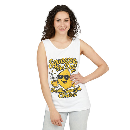 Squeeze The Day Womens Tank Top - Funny Lemon Pun Shirt - Freshly Squeezed Chaos Summer Citrus Top, Casual Beachwear, Fun Summer Apparel
