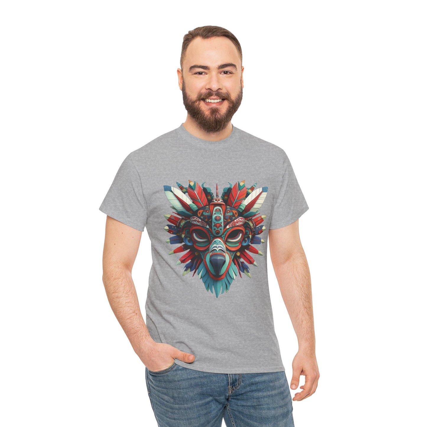 Tribal Wolf Mask T-Shirt, Colorful Native Spirit Animal Tee, Unisex Heavy Cotton Graphic Shirt, Boho Ethnic Festival Top,Gift for Art Lovers