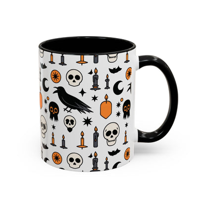 Gothic Halloween Mug, Skull, Candle - Raven Pattern Coffee Cup, Dark Aesthetic Spooky Gift for Her or Him, Accent Coffee Mug (11, 15oz)