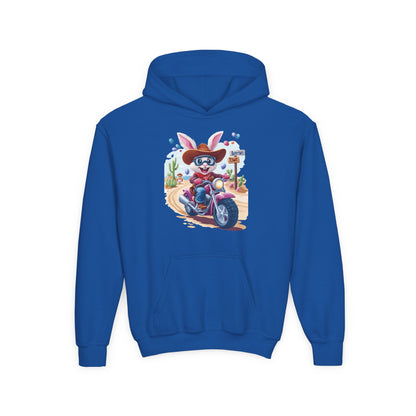 Easter Biker Bunny Youth Hoodie - Fun Spring Sweatshirt for Kids with Cute Motorcycle Bunny, Perfect for Easter & Holiday Gifting