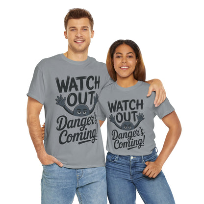 Funny "Watch Out" Cartoon Character T-Shirt, Sketch Style Unisex Heavy Cotton Tee, Minimalist Humorous Graphic Tee, Gift for Him/Her