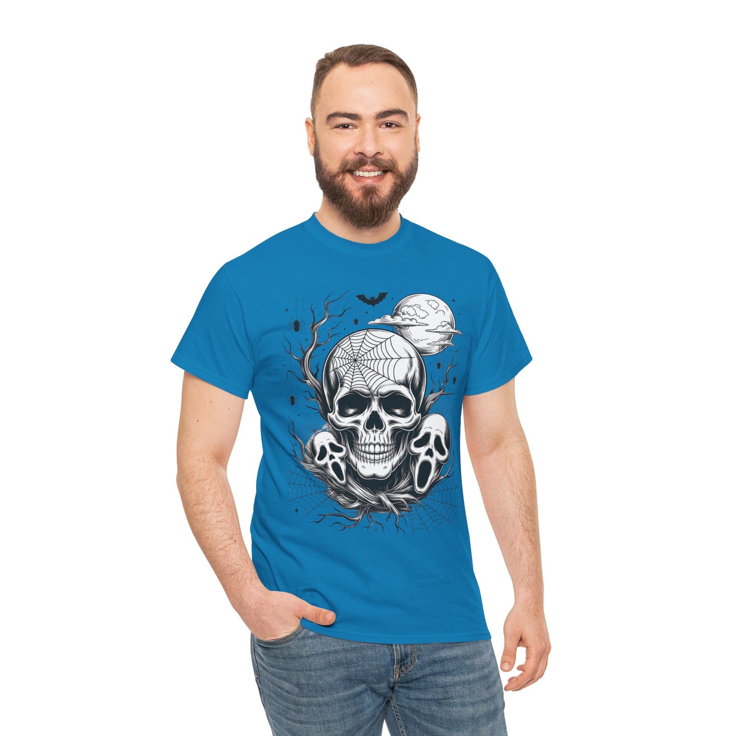 Men's Gothic Skull T-Shirt, Halloween Graphic Tee, Spider Web & Moon Horror Shirt, Spooky Skull Graphic Top for Him