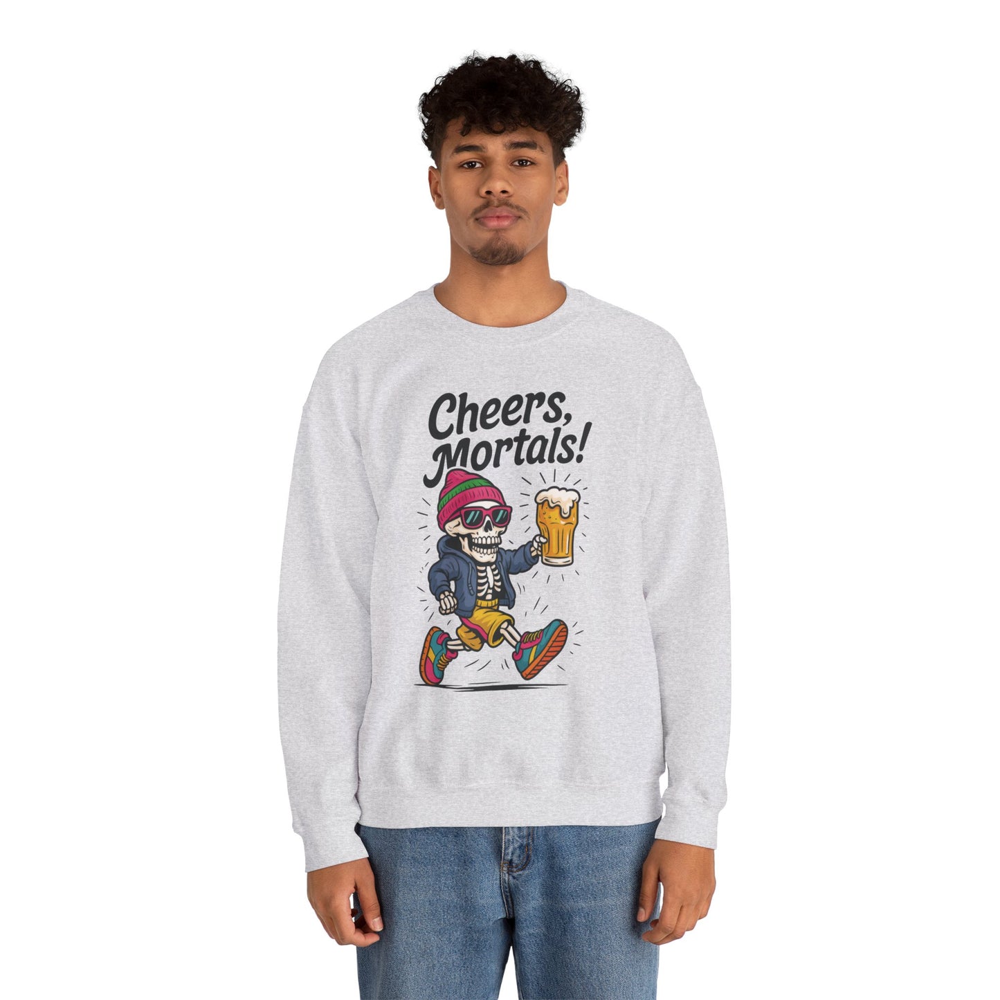 Cheers Mortals! Mens Crewneck Sweatshirt, Skeleton Beer Pullover with Hood, Drinking Humor Sweatshirt, Party Gift for Him, Halloween Apparel