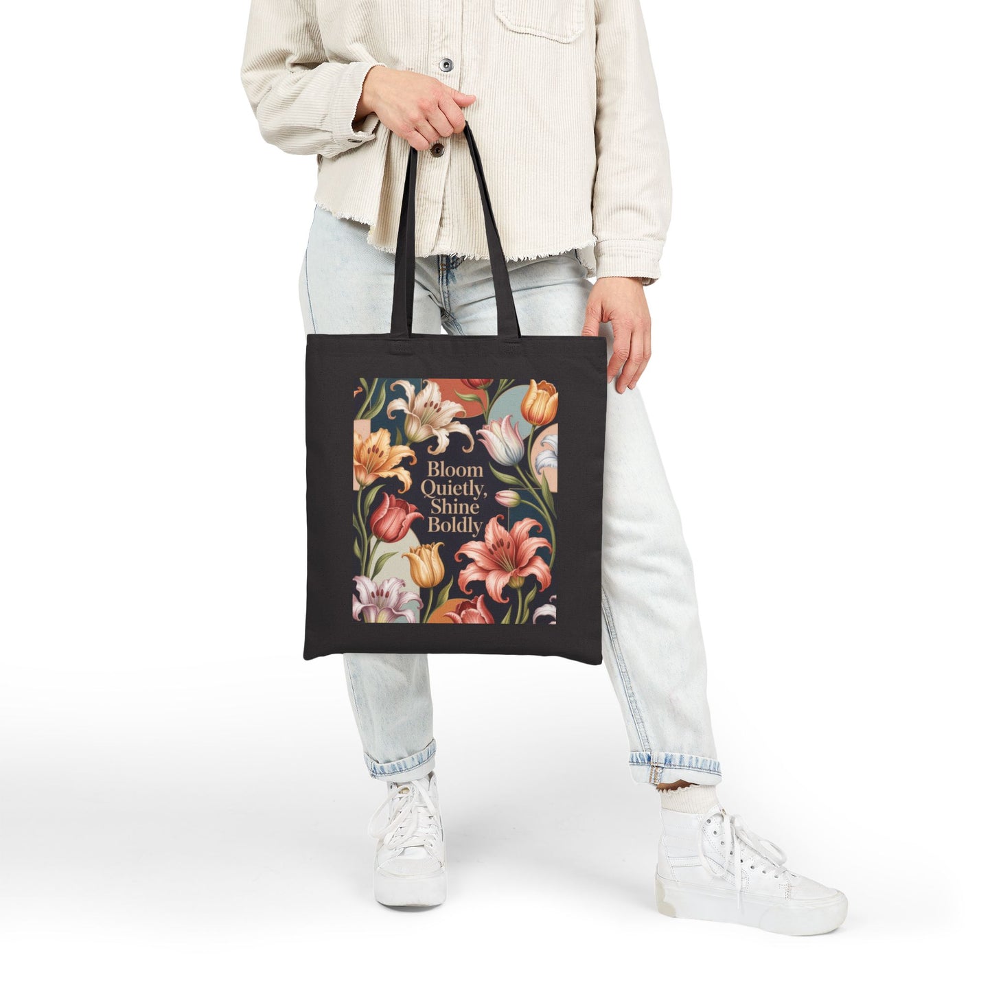 Bloom Quietly, Shine Boldly Tote Bag, Eco-Friendly Grocery Tote, Reusable Market Bag, Floral Patterned Canvas Bag, Gift Idea